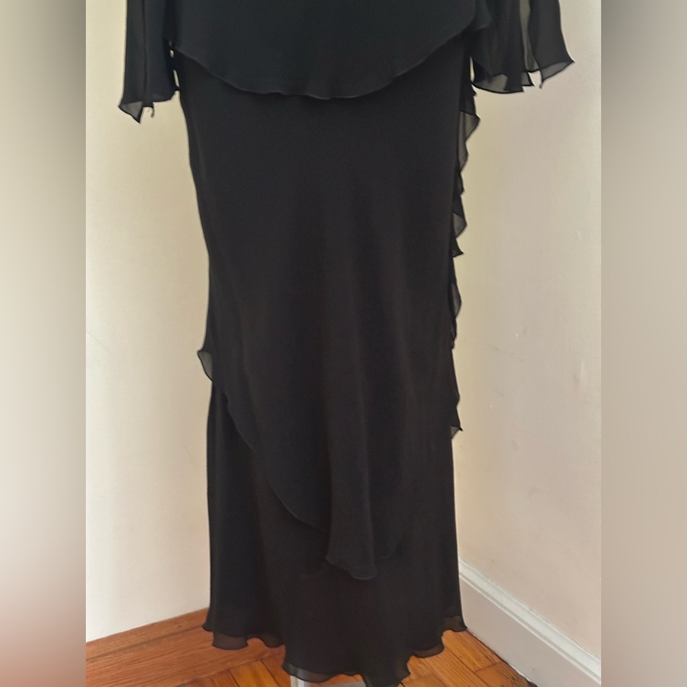 VINTAGE SILK Black, Sheer Ruffled, Asymmetrical Evening Dress Sz M - Picture 5 of 16